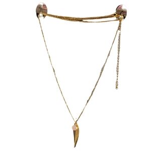 Gold Feather and Pink Circle Pendants on Long Gold Chain Necklace Adjustable